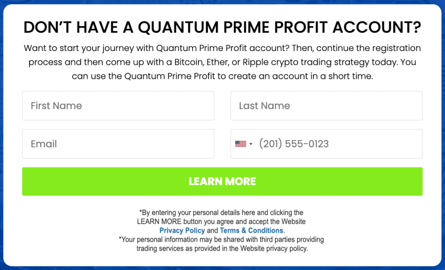 Quantum Prime Profitのアカウント作成画面