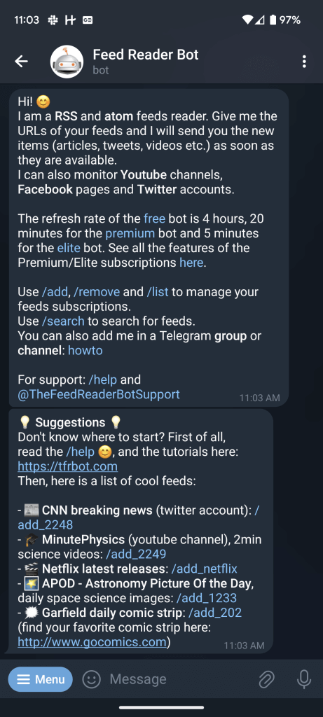 Feed Reader Botのテレグラムボット