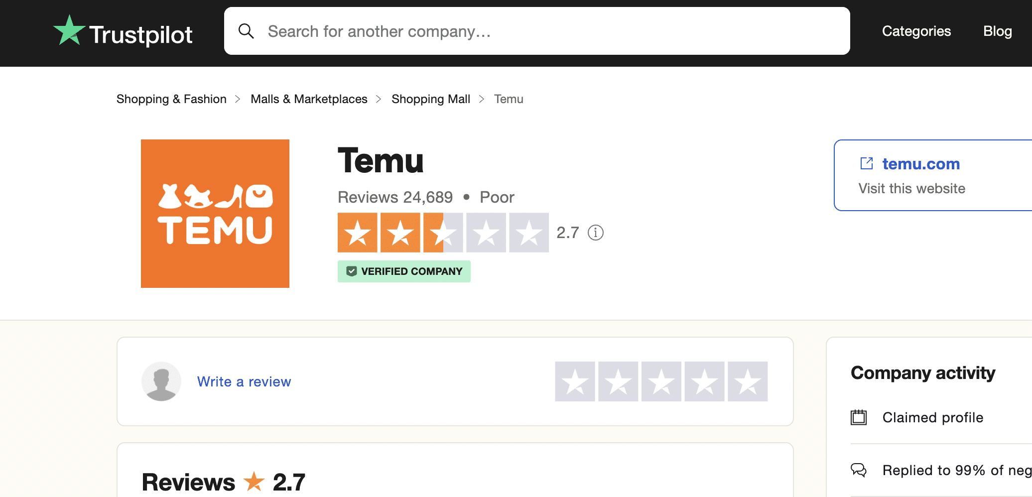 Temu.com atsiliepimai Trustpilot platformoje