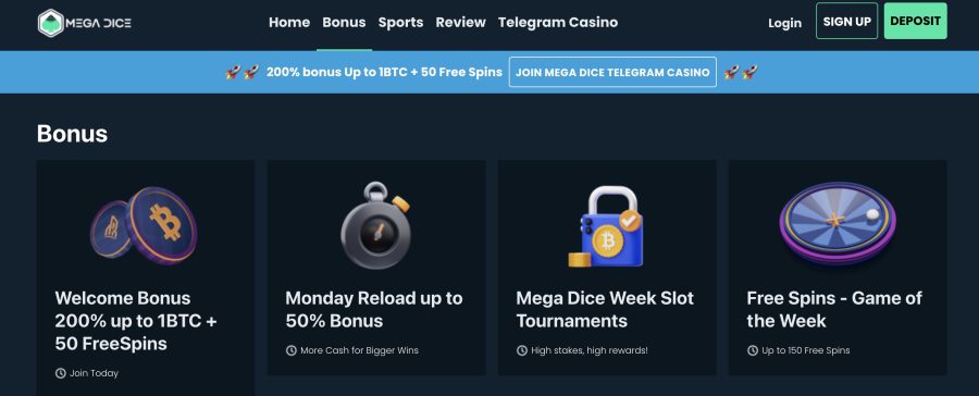 Mega Dice - reģistrēšanās bonus 200% līdz 1BTC + 50 bezmaksas griezieni