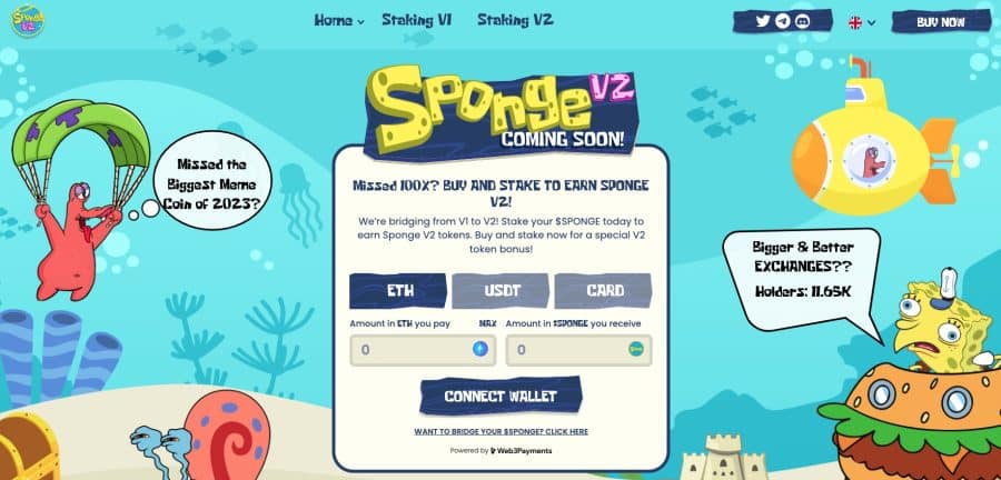 Sponge V2 - vai palaidi garām lielākās memu monētas 100x? Tagad viņš ir atpakaļ un pieejams tikai caur Stake-to-Bridge