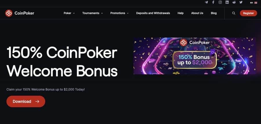 CoinPoker - piemās iemaksas bonuss līdz pat 2 000 ASV dolāriem jaunajiem spēlētājiem