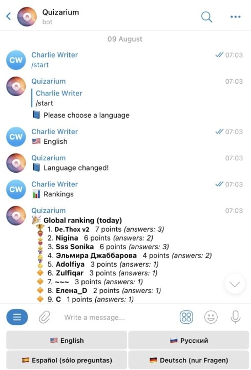 Quizarium - populārs Telegram viktorīnas kanāls ar globālu līderu sarakstu