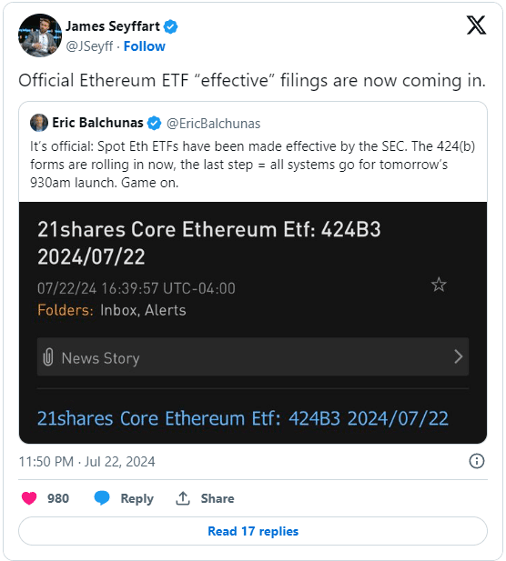 SEC apstiprina spot Ethereum ETF