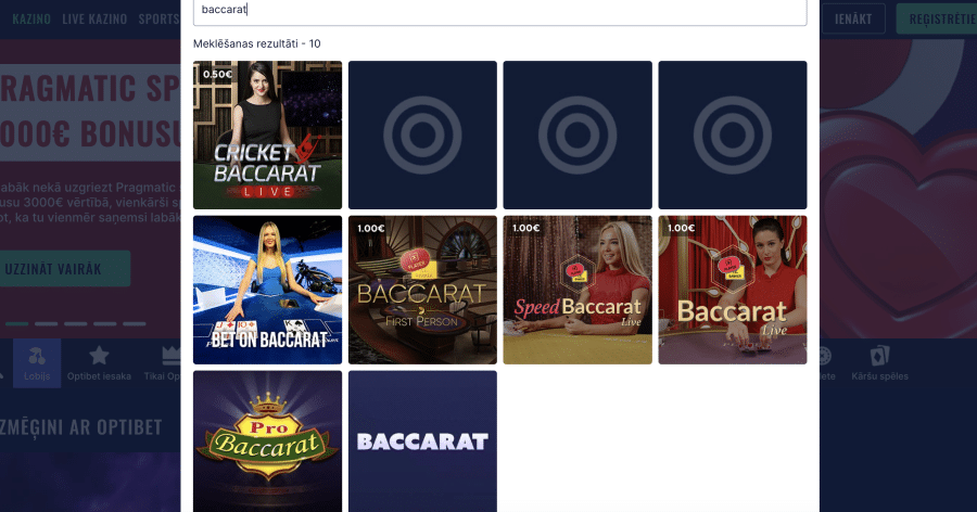 Optibet - atradīsiet dažāda veida bakara spēles, tostarp First Person Baccarat, Pro Baccarat un citas