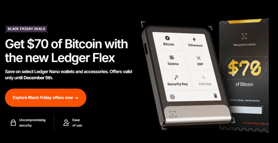 Iegūstiet Bitcoin $70 vērtībā ar Ledger Flex™