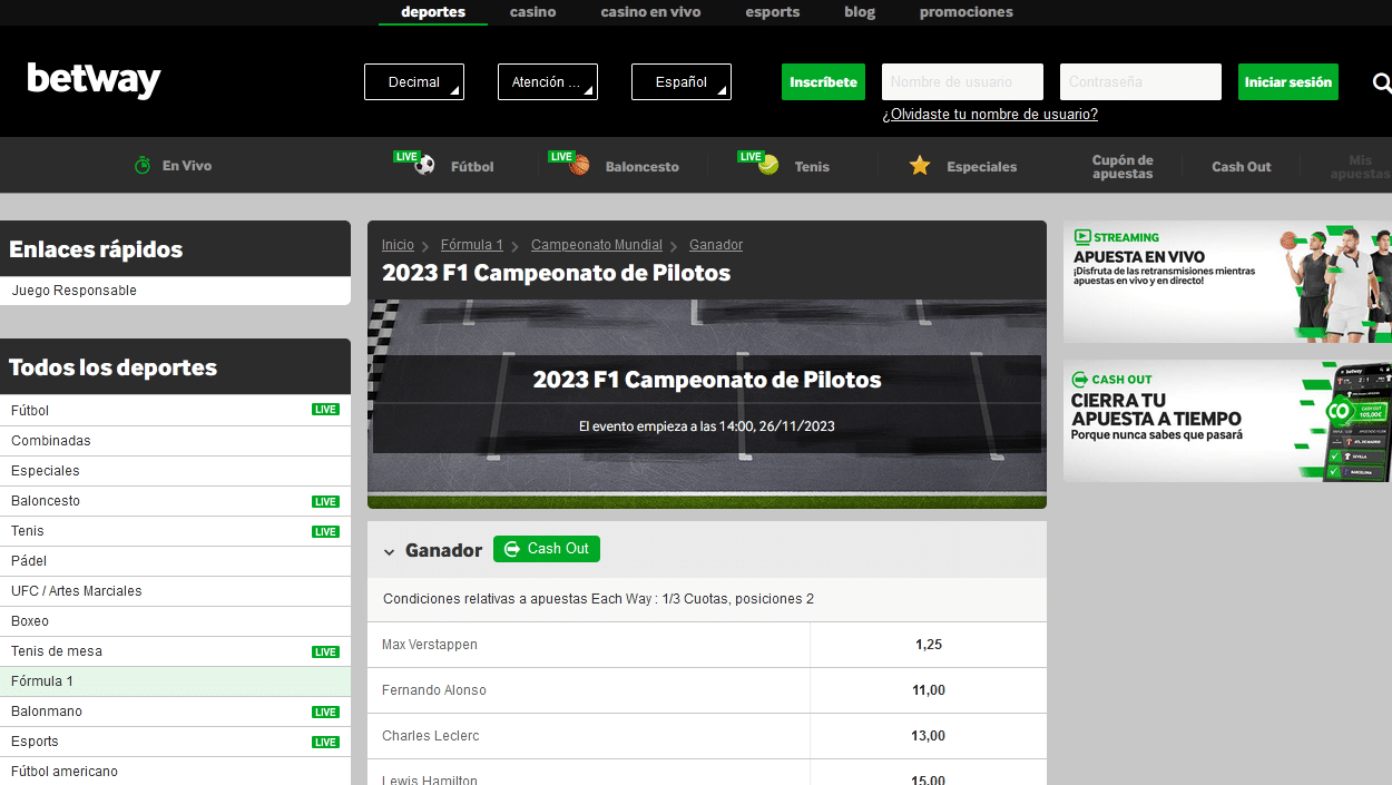 apuestas fórmula 1 Betway