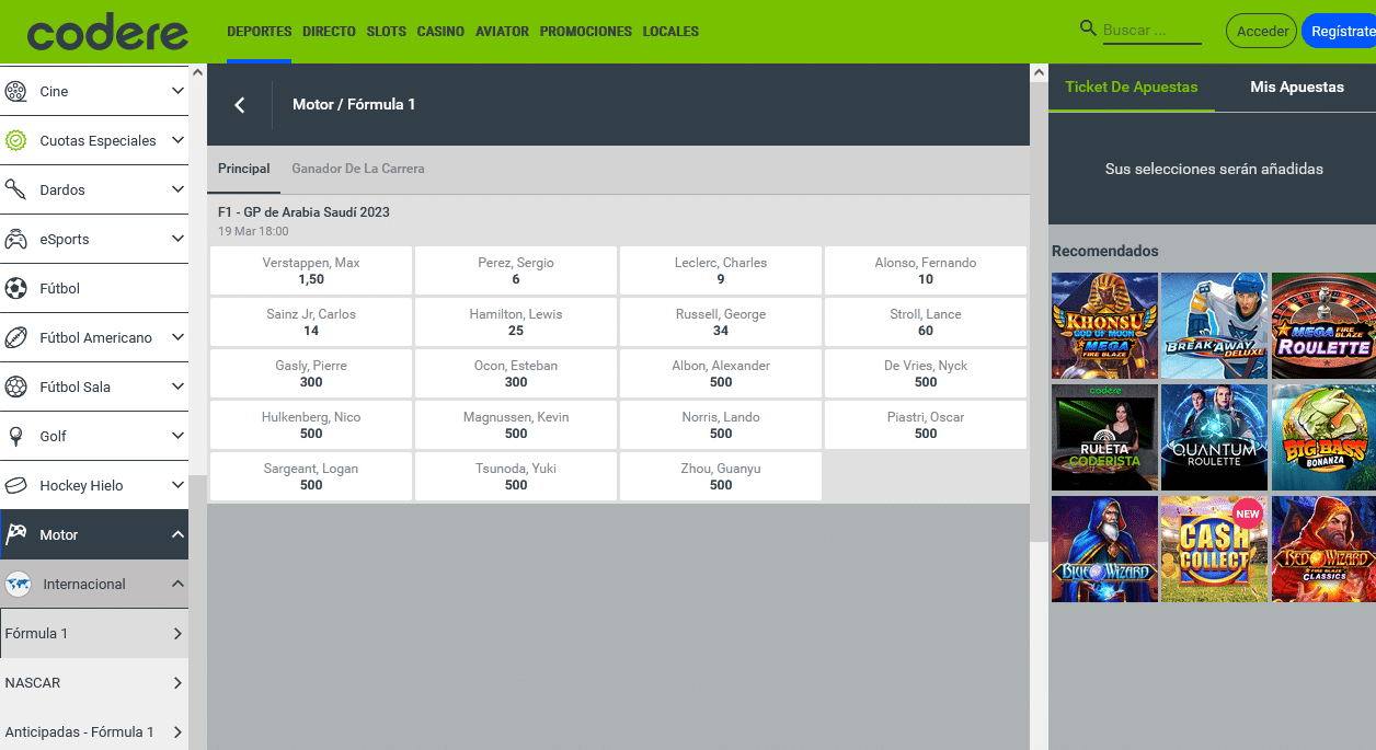 apuestas fórmula 1 Codere