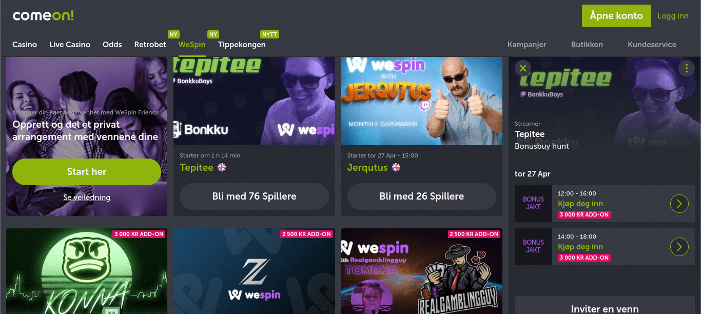 wespin at comeon homepage