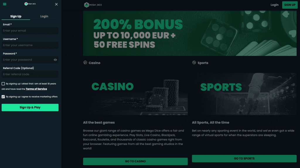 strona rejestracji mega dice casino