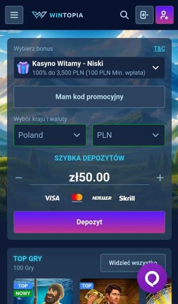 Wintopia strona główna na urządzeniu mobilnym