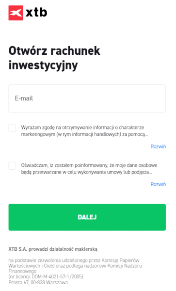 formularz rejestracyjny w xtb