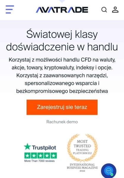 Strona główna AvaTrade na urządzeniu mobilnym