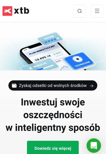 Strona główna XTB na urządzeniu mobilnym