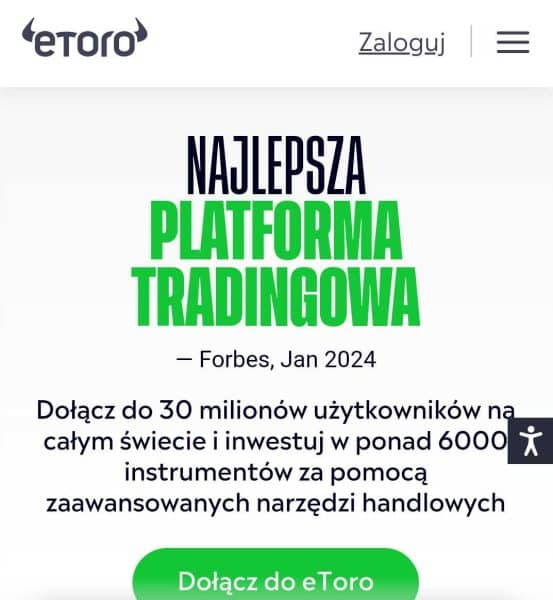 Strona główna eToro na urządzeniu mobilnym