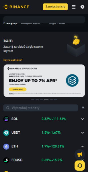 binance earn widok na urządzeniach mobilnych