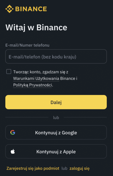 binance rejestracja krok 2