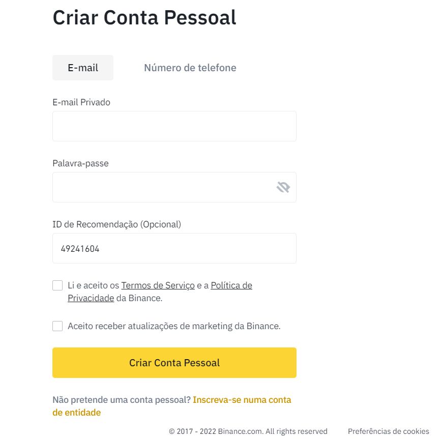 binance criar conta