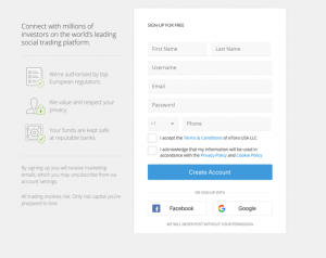 eToro - formular de înregistrare