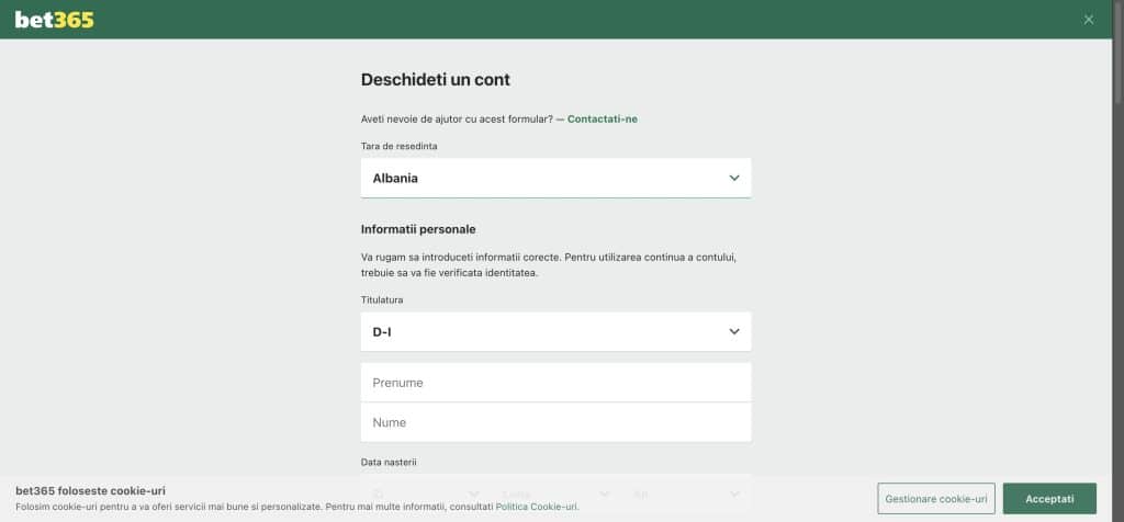 Formular de înregistrare Bet365