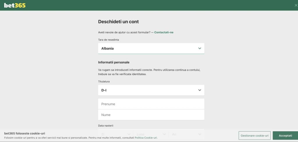 Formular de înregistrare Bet365