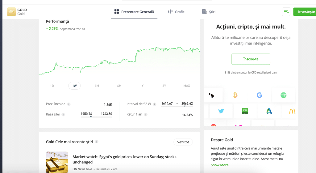 Investitie aur pe eToro