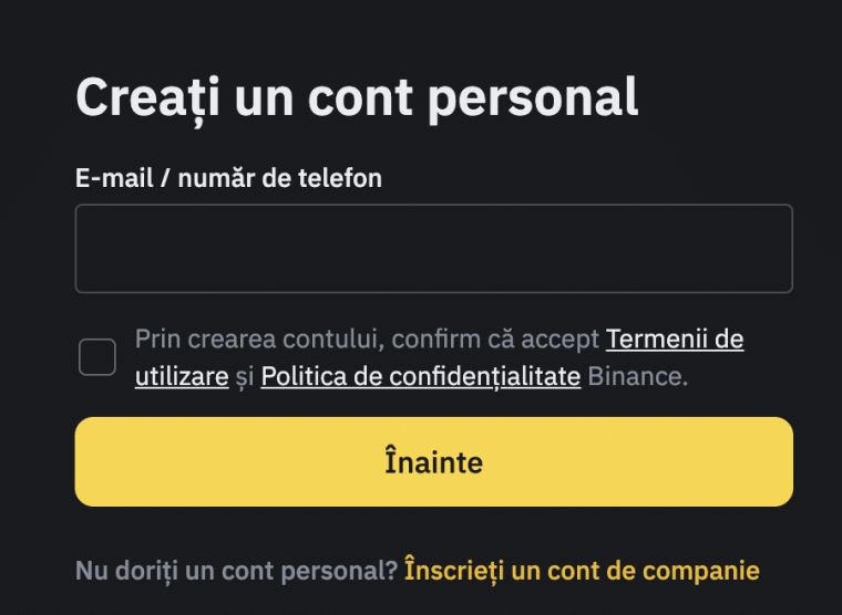 Crează un cont personal Binance