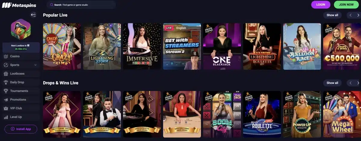 metaspins live casino