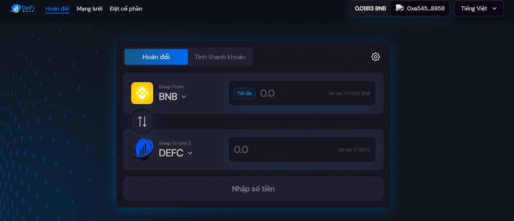 Mua tiền điện tử trên DefiSwap