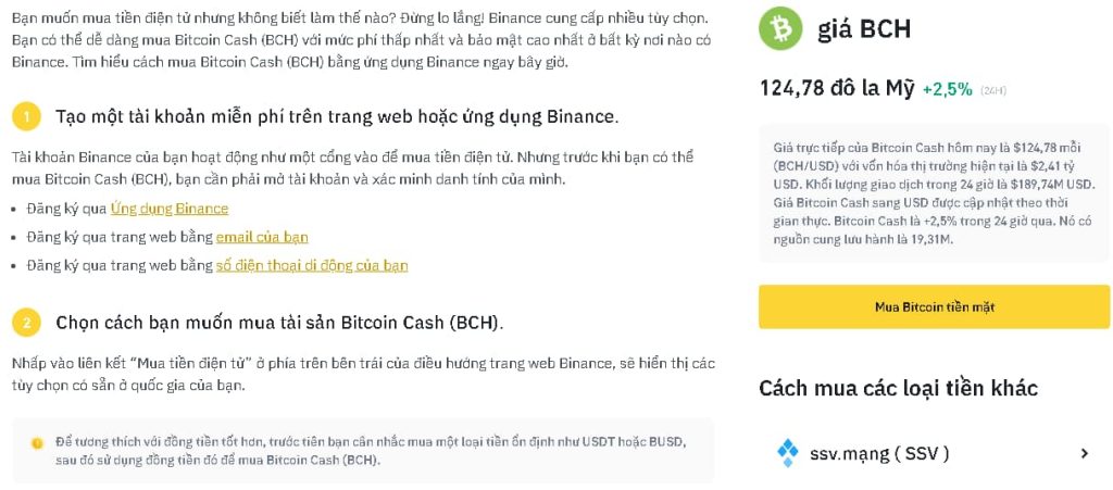 Binance - Cách mua BCH