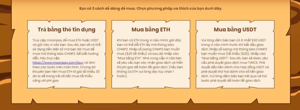 Chọn phương thức để mua mã thông báo CHMPZ