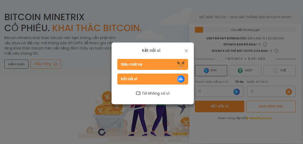 Kết nối với trang web Bán Trước BTC Minetrix