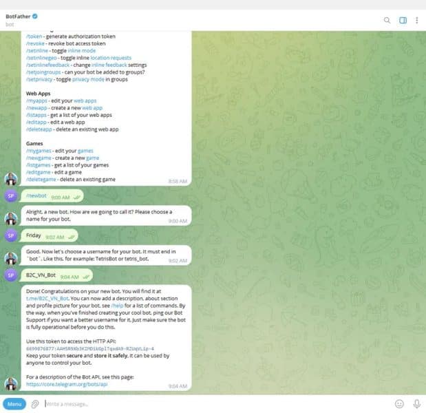 Đặt username cho bot Telegram