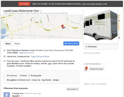 Google Plus Local page for Landcruise Motorhome Hire