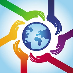 Hands encircle a globe, demonstrating that diversity and cooperation are two of the main goals when implementing human resource tools.