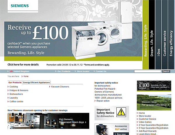 In a usability study, not a single user was able to find any information about appliance promotions on this site—despite the large, central promotion box. A significant contributing factor? The fancy formatting of the text made it look like an ad; it was filtered out subconsciously. Source: Nielsen.