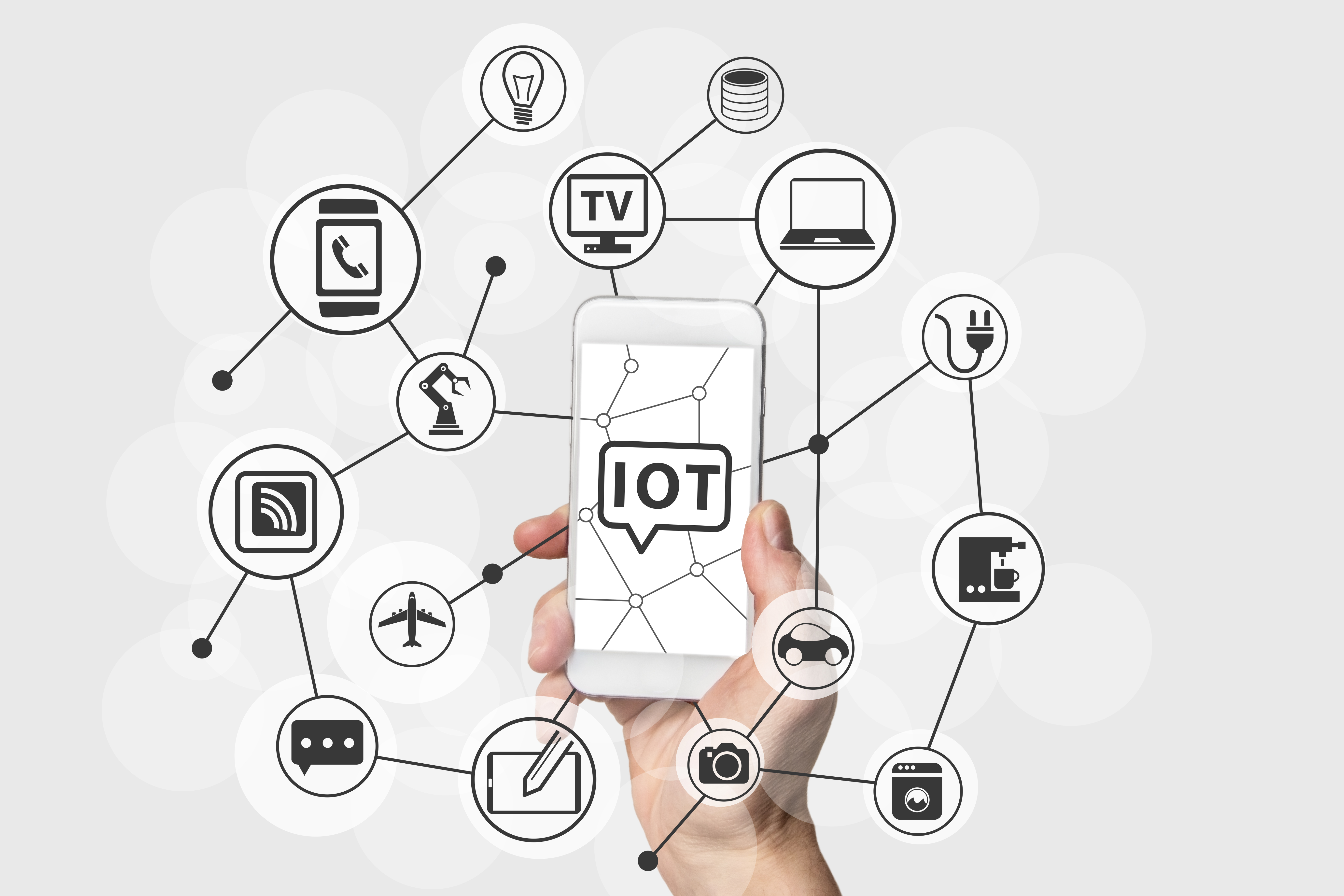 Internet of Things (IOT) concept with hand holding smart phone