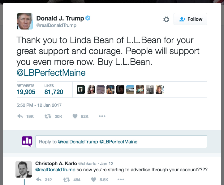 Thank you to Linda Bean of L.L.Bean for your great support and courage. People will support you even more now. Buy L.L.Bean. @LBPerfectMaine