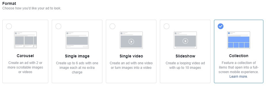 how to select collection ads for facebook campaigns