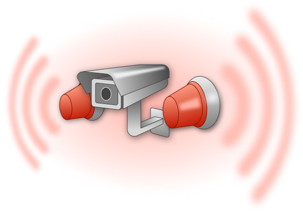 A depiction of "Intrusion Detection" that includes a security camera and sounding alarms.