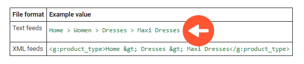 A snippet of a spreadsheet showing the google product category in both text feed and XML feed