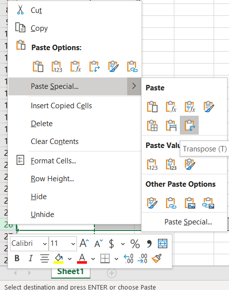 excel transpose