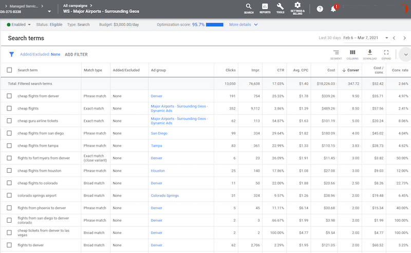 how to win with broad match search terms report