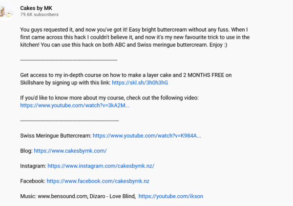 Cakes by MK promoting her instagram handle in the her youtube video description