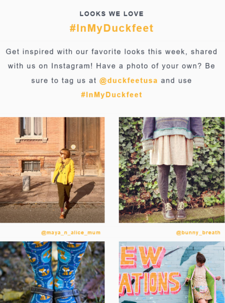 Duckfeet promoting their instagram handle in their email 