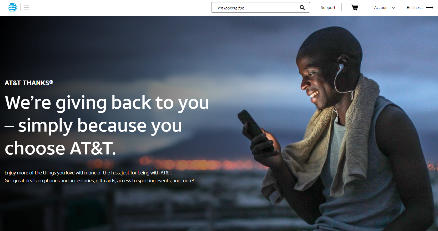 Main page and message of At&T Thanks loyalty program.