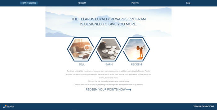 The main rewards page of Telarus’ telecommunication loyalty program