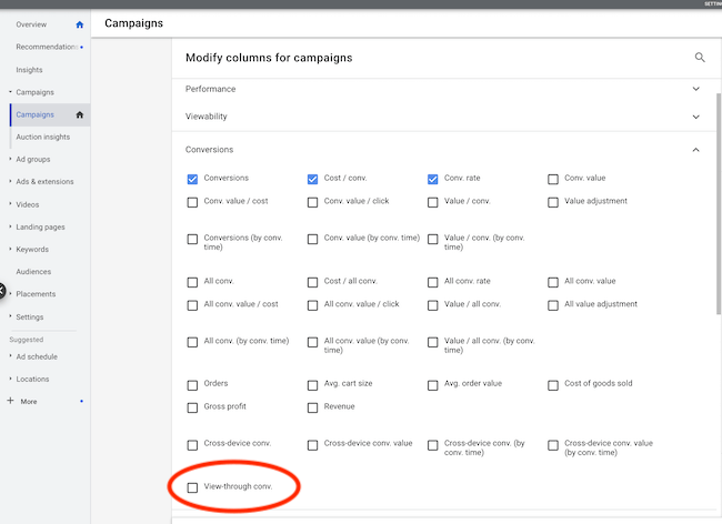 modifying columns to see view-through conversions