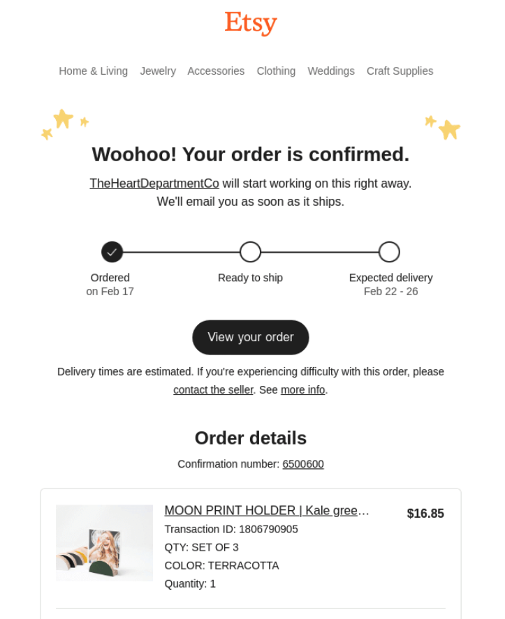 Etsy order tracking email with dynamic updates