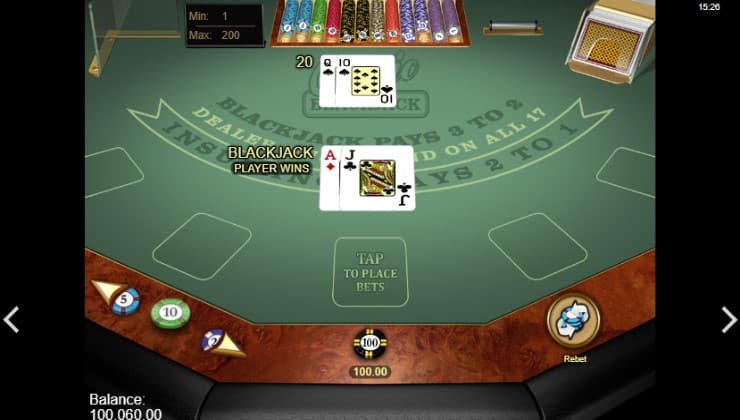 The player winning at a game of blackjack